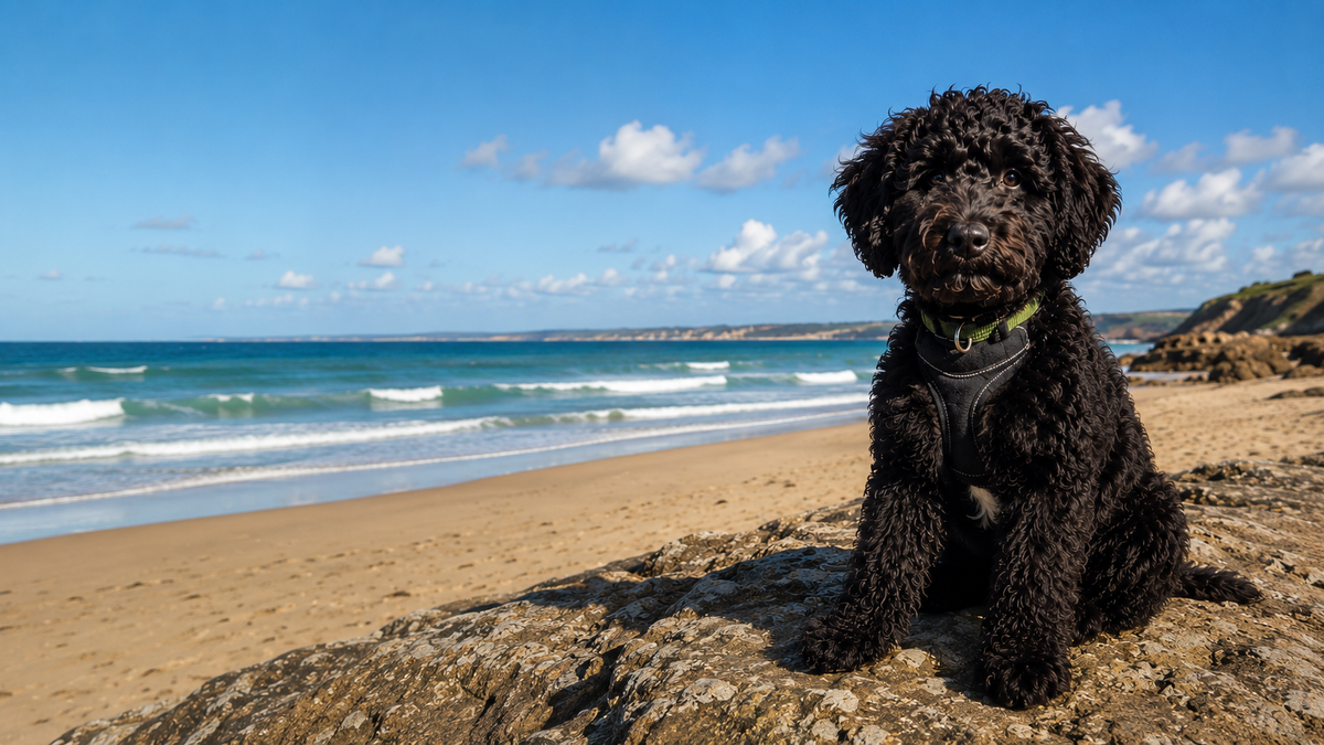 Mylo the Cockapoo sitting on a rocky beach with the ocean behind him