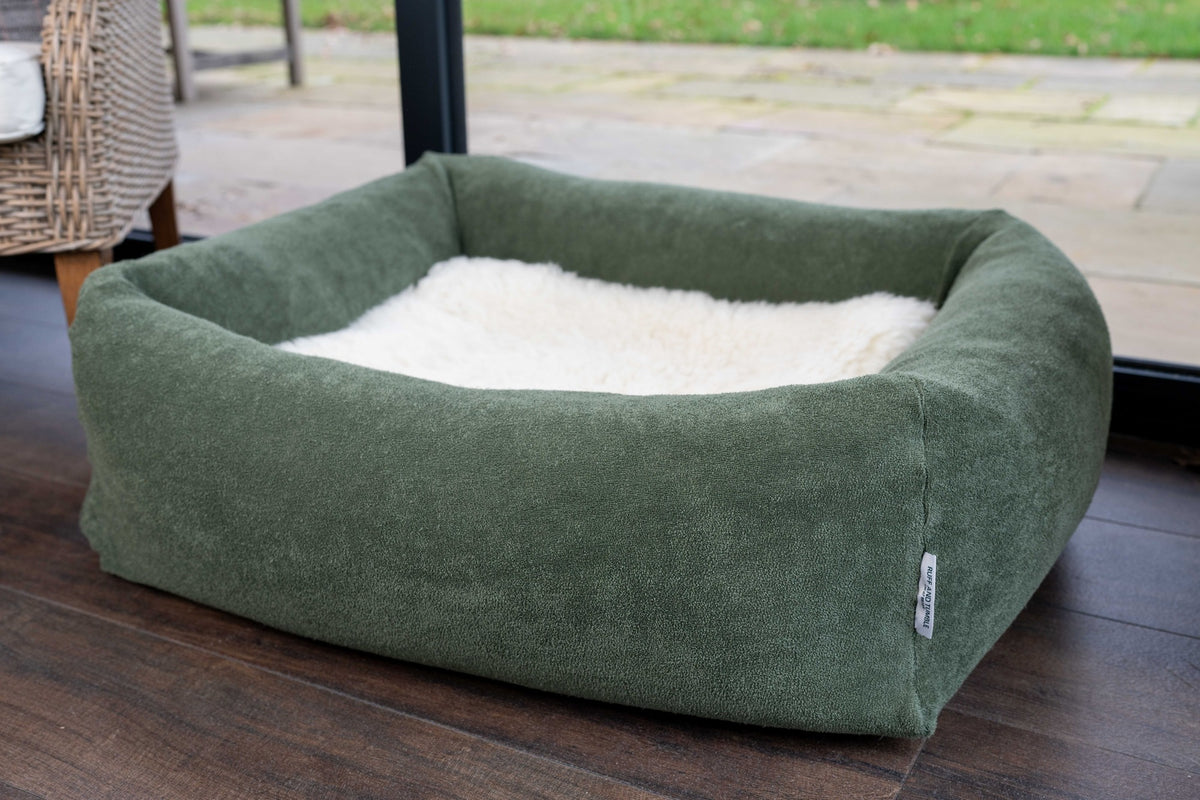 Ruff & Tumble Burnham Bolster Towelling Bed Cover in Olive with dog