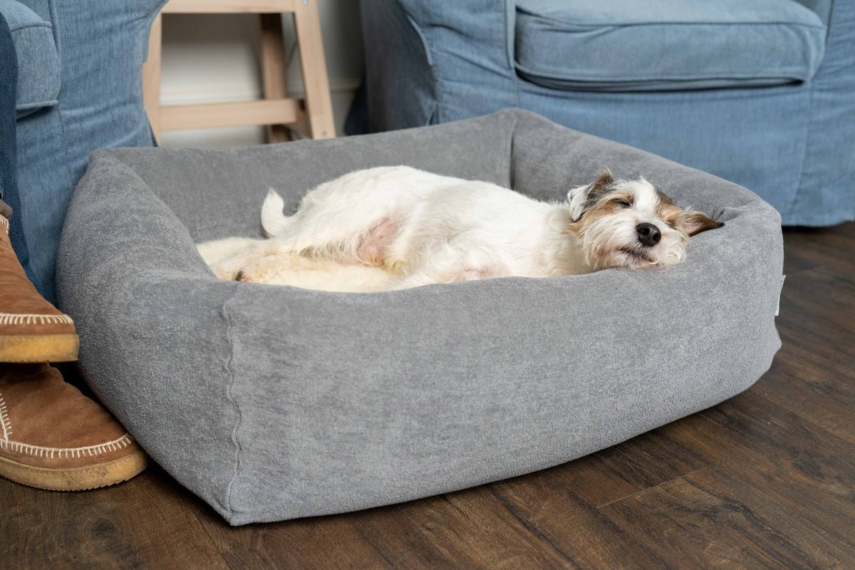 Ruff & Tumble Burnham Bolster Towelling Bed Cover in Stone with dog