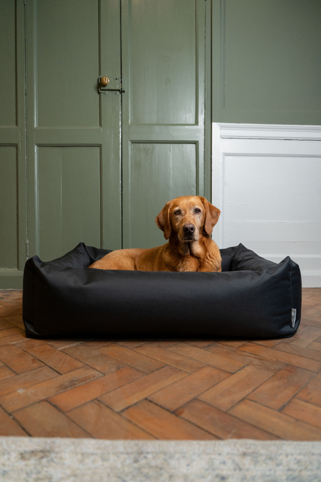 Ruff & Tumble Waterproof Burnham Bolster Dog Bed in Black with dog